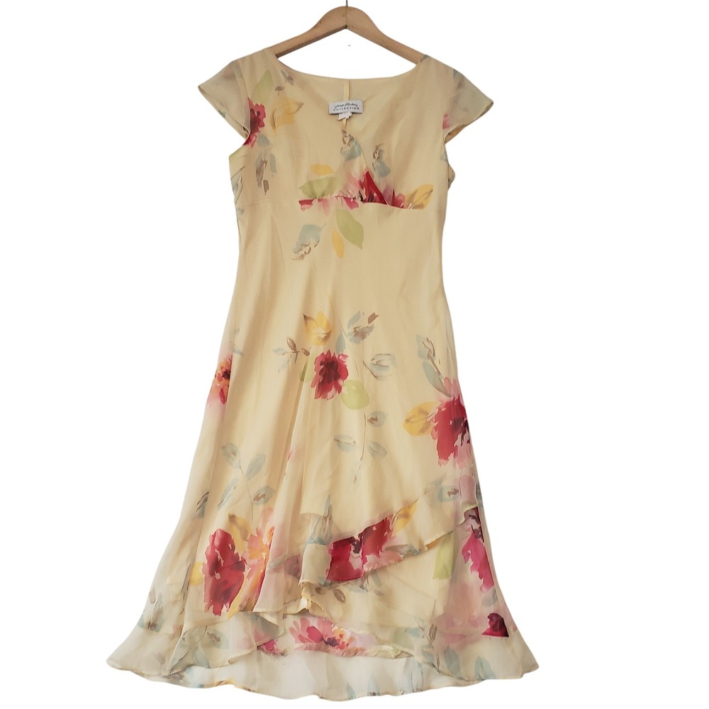 Giorgio Fiorlini Floral Chiffon Dress Womens 12 Yellow Faux Wrap Fairycore Y2K